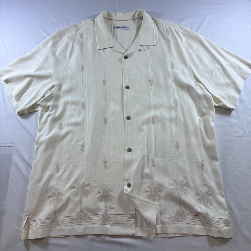 Tommy Bahama‎ Mens XXL Silk Camp Shirt Embroidered Palm Tree Pineapple Ivory